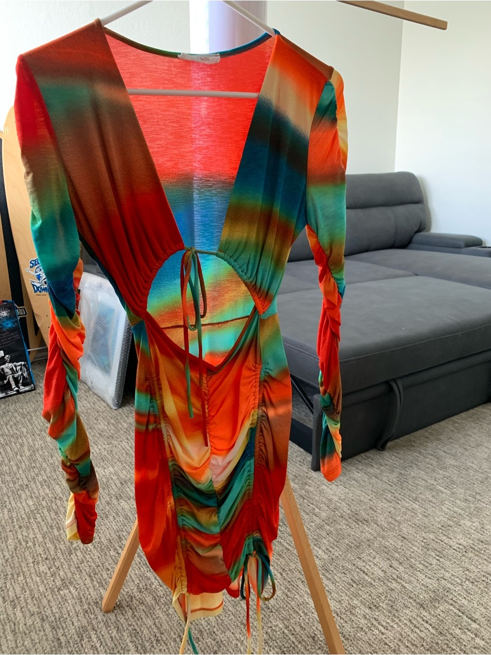 WinWin Tie-Dye Abstract Tie-Front Bodycon Dress